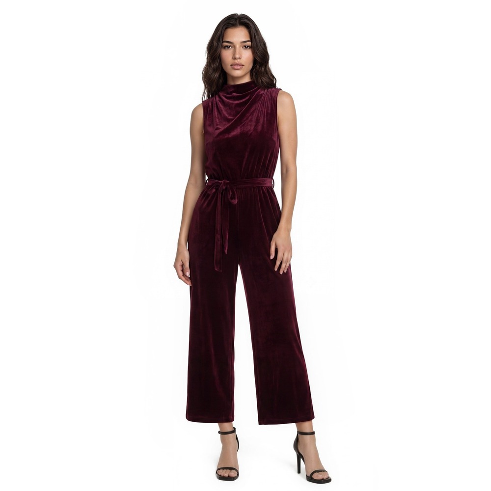 NEW Vince Camuto Jumpsuit Women's Size XL Ruby Red Velvet Mock Neck Wide Leg